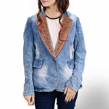 ADBZ702 Genuine leather Hand tooled hand carved Women 100% cotton Denim Blazer dress jacket ladies Girl